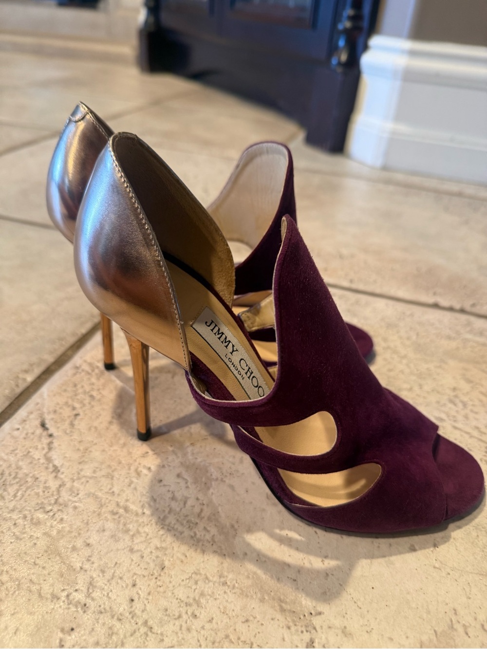 Jimmy Choo Purple Suede and Gold Stiletto Heels